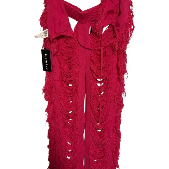 SHEIN Hot Pink Fringe Trim Halter Top & Ripped Pants Set - Picture 4 of 4